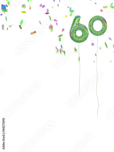 Foil style 60th birthday balloons with confetti. White background.