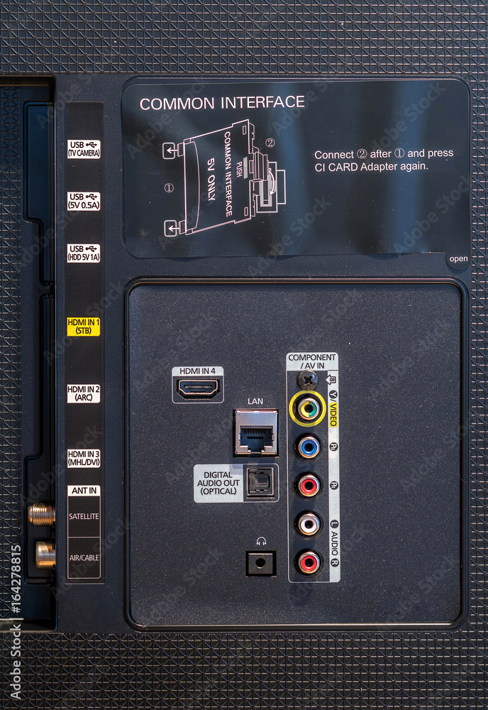 Input Connection Panel on back-side of LCD television. Close-up view of the rear of the TV with empty slots for connectivity. Input Connection Panel on back-side of LCD television. Close-up view of the rear of the TV with empty slots for connectivity.