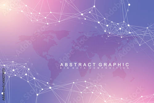 Geometric graphic background communication. Big data complex with Political World Map. Particle compounds. Network connection, lines plexus. Minimalistic chaotic design, vector illustration.
