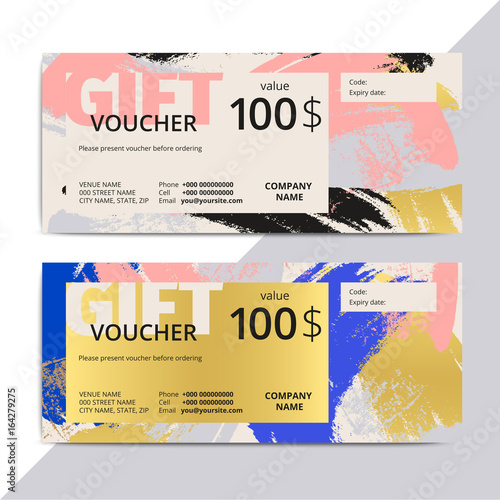 Trendy elegant gift voucher card templates. Modern luxury discount coupon or certificate layout with abstract pattern. Vector fashion background design.