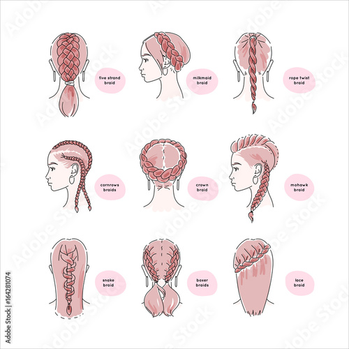 Beautiful women with hair braids in various styles. Vector illustration eps 10