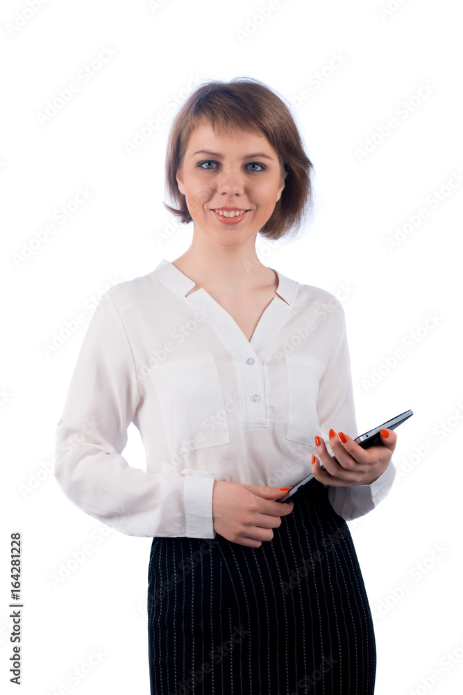 Business woman stands with electronic tablet Business woman stands with electronic tablet