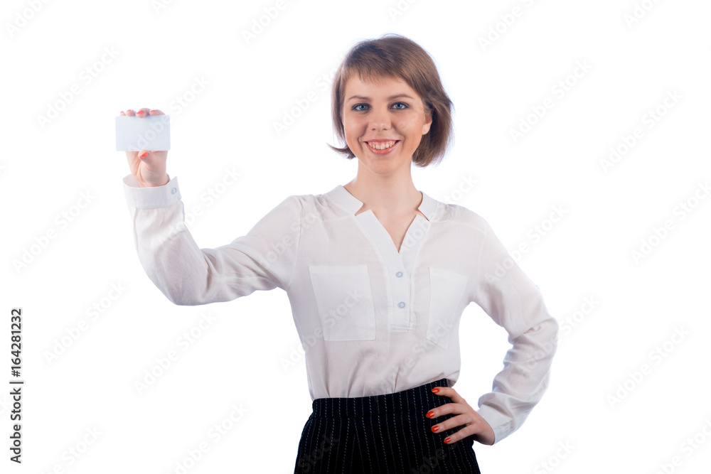 Blue-eyed smiling business woman holding a white business card Blue-eyed smiling business woman holding a white business card
