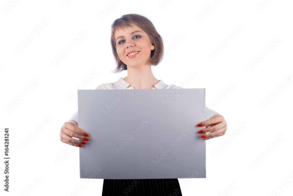 Business woman holding with both hands the white poster Business woman holding with both hands the white poster