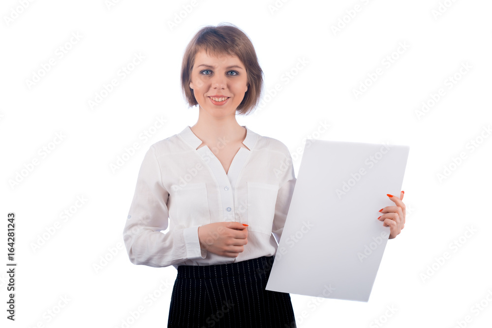 Business woman holding a white poster Business woman holding a white poster