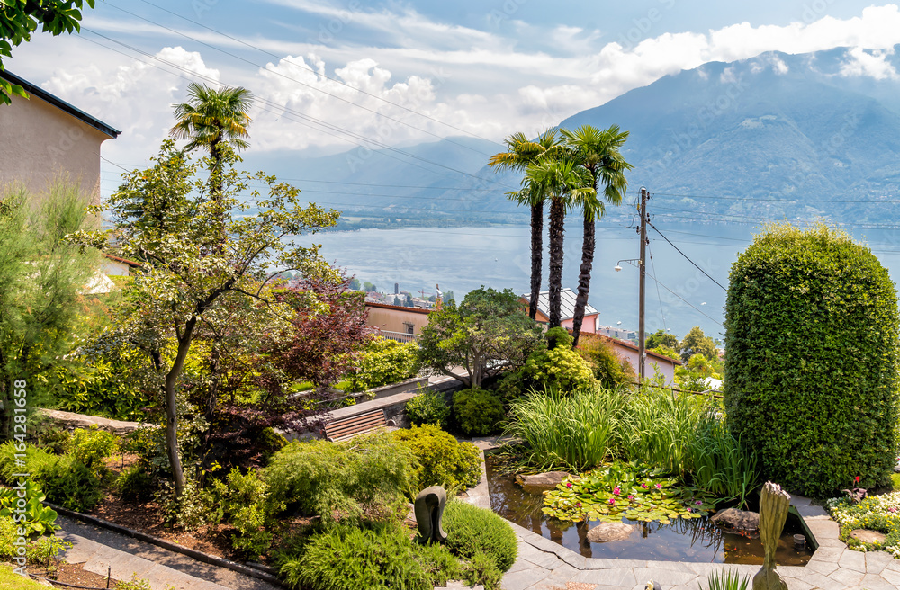 View of Locarno and Lake Maggiore from park of Orselina, Ticino, Switzerland
