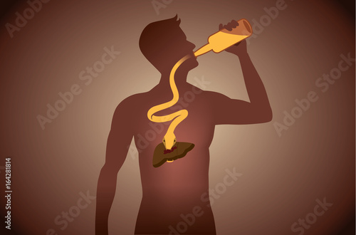 
Snake out of alcohol bottle into body to attack liver while people drinking. Illustration about health care.
