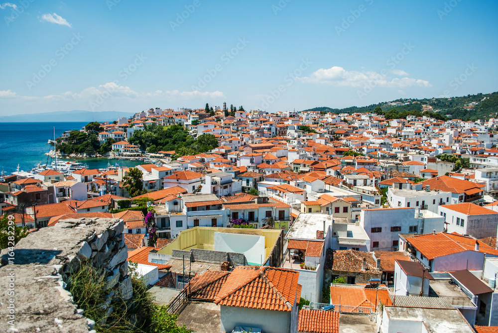City Skiathos, Greece, with white authentic houses and beautiful nature