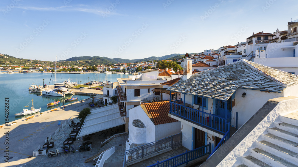 View of the harbour in Skopelos town, Greece.
