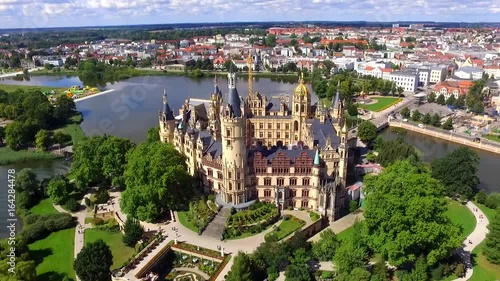Aerial Germany-Schwerin Castle Schloss Schwerin, castle on island. Summer cloudy day.