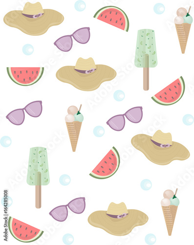 Summer colorful Pattern. Hat, Glasses, watermelon Vector