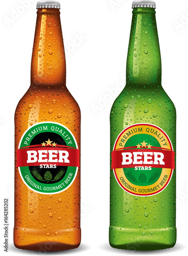 Beer bottle with label and many water drops