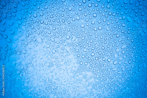 Rain droplets on blue glass background  Water drops on glass.