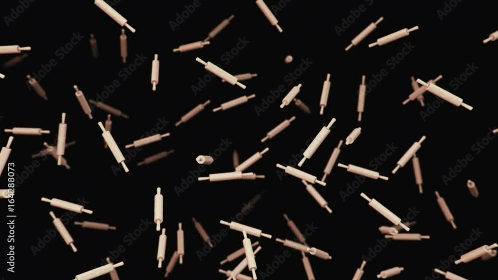 Seamlessly looping animation of classic wooden rolling pins floating against a black background. Seamlessly looping animation of classic wooden rolling pins floating against a black background.