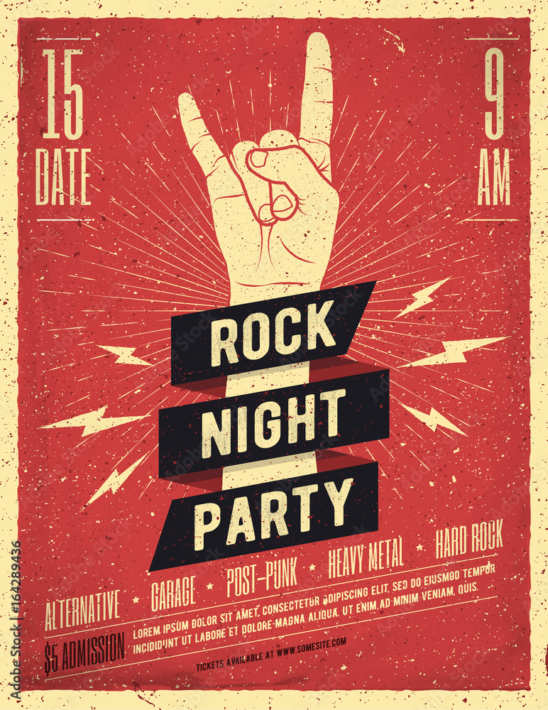 Obraz premium Rock Night Party Poster. Vintage Styled Vector Illustration.
