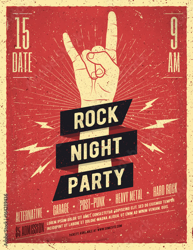 Rock Night Party Poster. Vintage Styled Vector Illustration.
