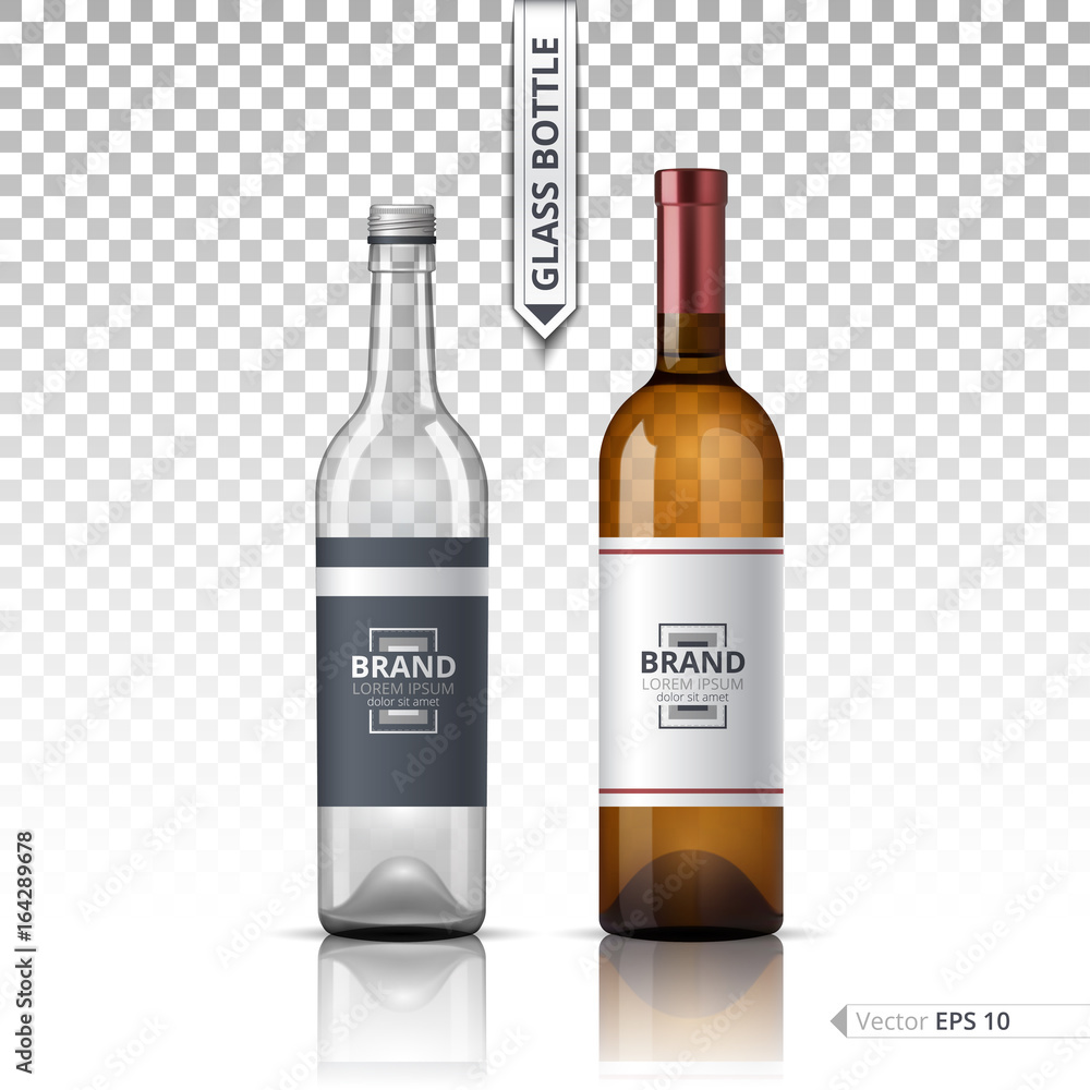 Wine and Vodka bottles isolated on transparent background. Vector 3d detailed mock up set illustration