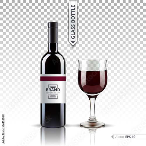 Realistic Glass of Red wine and bottle isolated on transparent background. Ve...