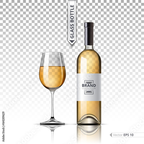 Realistic Glass of White wine and bottle isolated on transparent background. Vector 3d detailed mock up set illustration