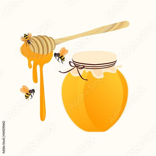 glass pot full of honey. stick dipper and fly bee isolated. vector illustration.