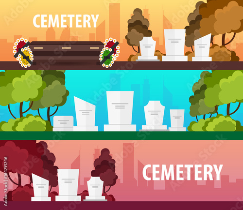 Set of Funeral sevices and Funeral agency banners. Cemetery. Vector illustration.