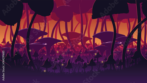 A high quality horizontal seamless background of landscape with deep mushroom forest.