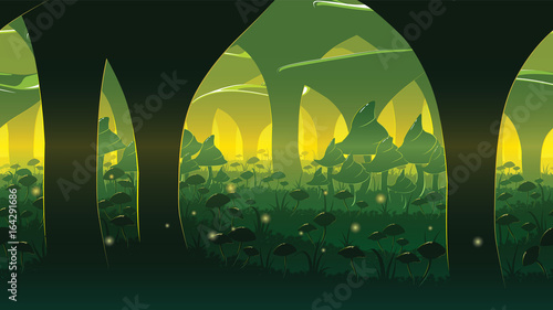 A high quality horizontal seamless background of landscape with deep mushroom forest.