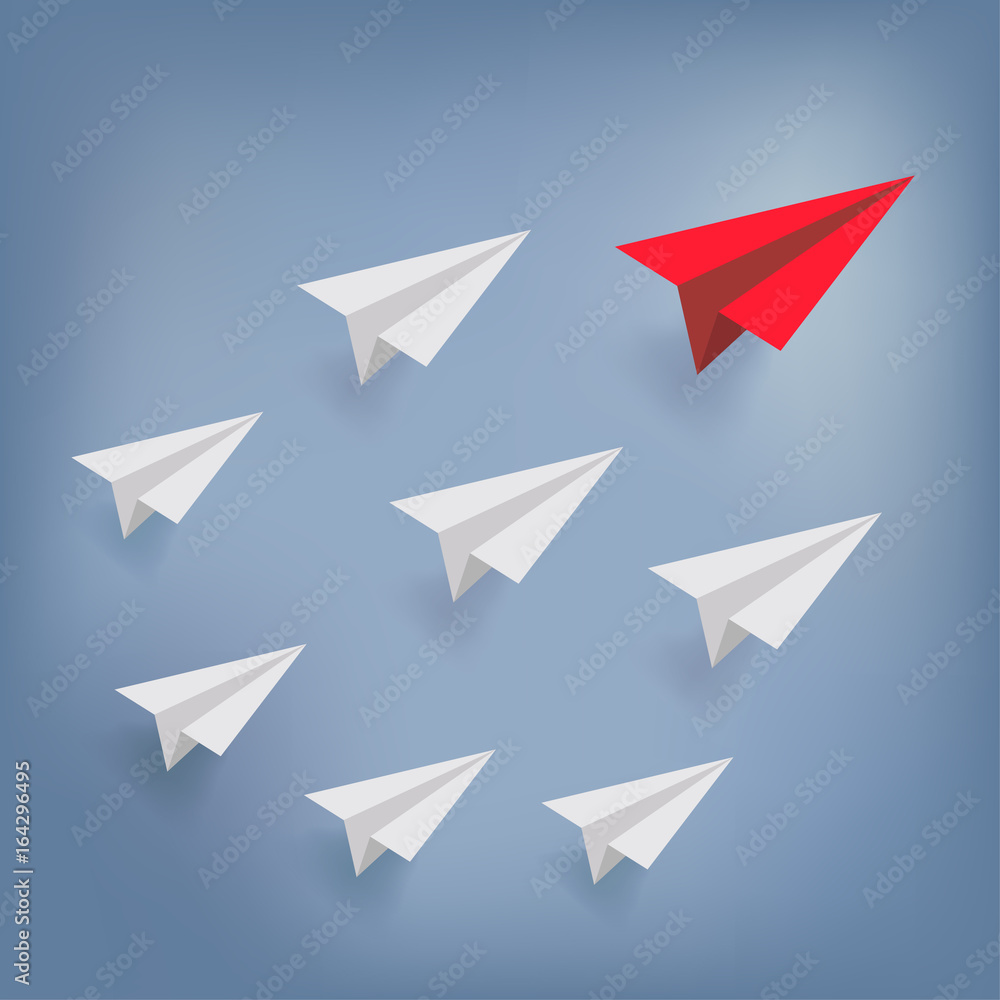 Red airplane as leader and white plane on blue sky. paper art style. Red airplane as leader and white plane on blue sky. paper art style.