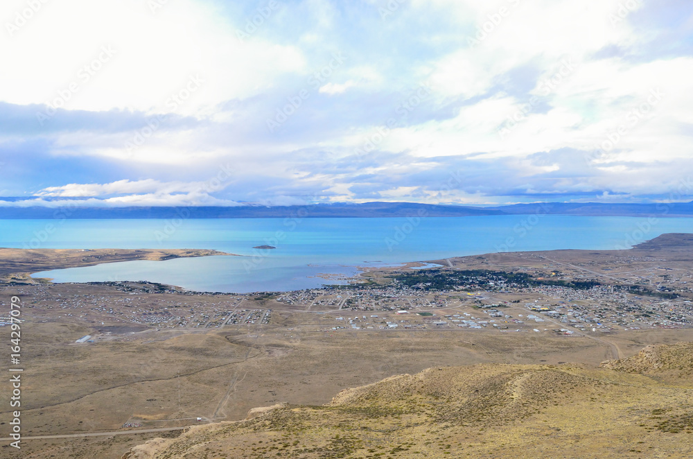 El Calafate top view. Evening sunset nature landscape magic dreamy cloud on the sky in Patagonia