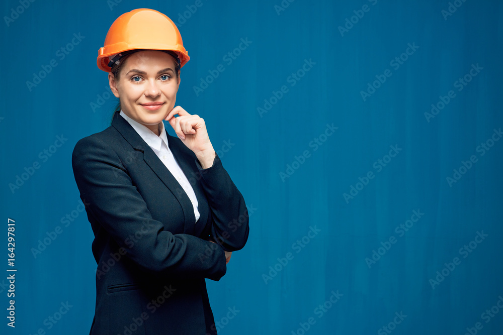 thinking business woman wearing builder helmet dressed black suit thinking business woman wearing builder helmet dressed black suit