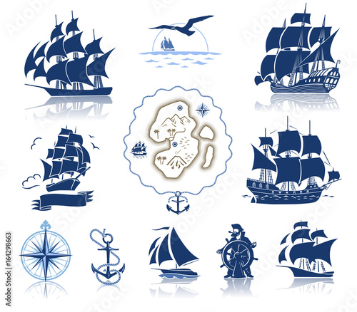 Sailing ships  silhouettes and marine symbols iconset photo