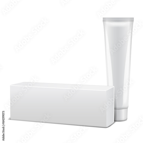 Blank plastic tube with white box for medicine or cosmetics - cream, gel, skin care, toothpaste. Packaging mockup template