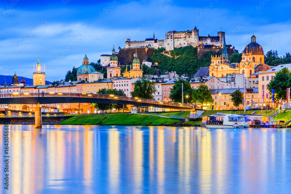 Salzburg, Austria. Old town with Festung Hohensalzburg fortress and Salzburger Dom.