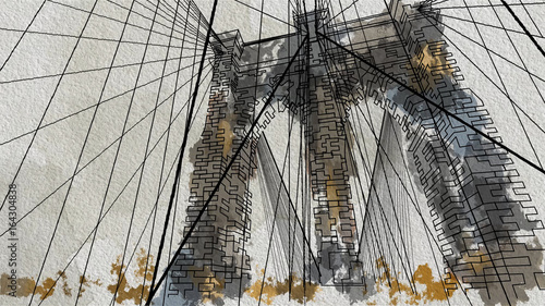 Fototapeta Naklejka Na Ścianę i Meble -  Watercolor style illustration of the Brooklyn Bridge in New York. Down view. 