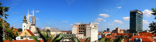 Zagreb skyline with Zagreb Cathedral and St. Mary Church. View from Strossmayer Promenade on Upper Town. 