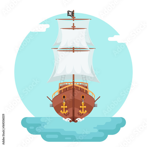 Front View Wooden pirate buccaneer filibuster corsair sea dog ship game icon isolated flat design vector illustration