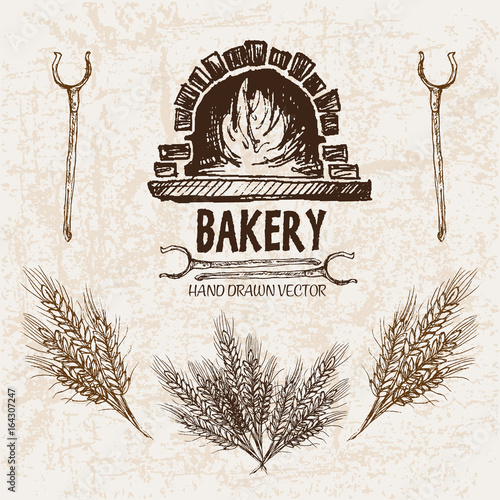Digital vector detailed line art bakery and bread hand drawn retro illustration collection set, stove oven. Thin artistic pencil outline. Vintage ink flat, engraved simple doodle sketches. Isolated