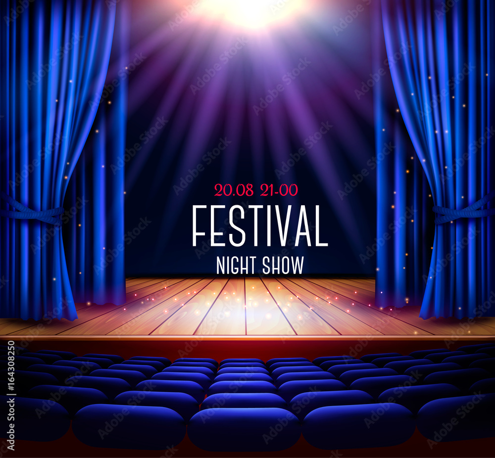 Naklejka premium Scena teatralna z niebieską kurtyną i reflektorem. Plakat pokazowy nocy festiwalu. Wektor.