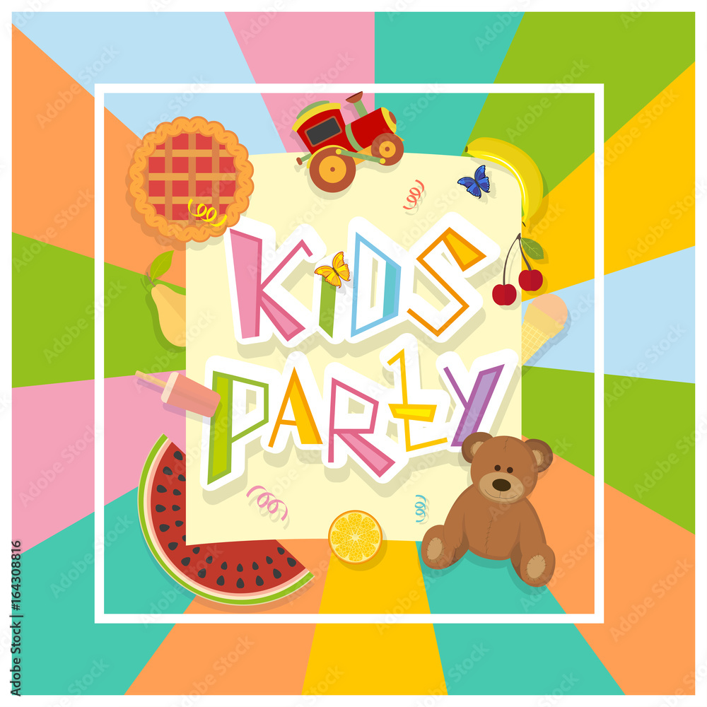 Obraz premium kids party design with toys, sweets and fruits