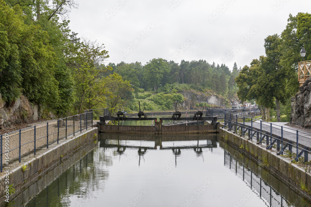 A view at the lock area at the canal Göta kanal in Trollhättan Sweden