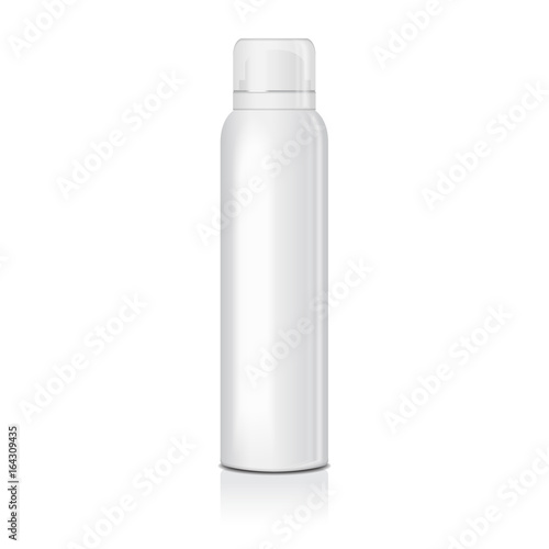 Blank deodorant spray for women or men. Vector mock up template of white metal bottle with transparent cap