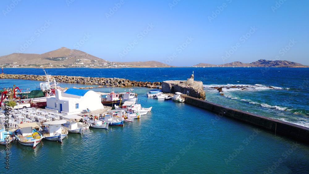 Aerial drone photo of Naousa one of the most picturesque fishing villages and ports in the Aegean, Paros island, Cyclades, Greece