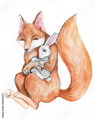 Hand drawn watercolor fox and rabbit