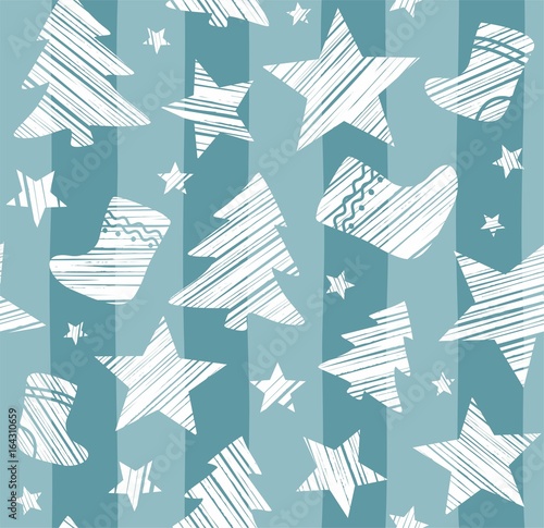 Christmas background, sock, star, tree, seamless, blue-gray, vector. White Christmas trees, socks and stars are drawn with a diagonal bar on a blue-grey striped background. 