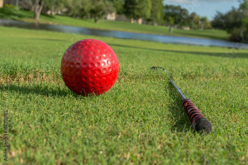 La pelota grande y el palo de golf en la yerba.