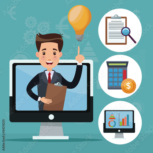color background analytics investment icons and display computer with businessman