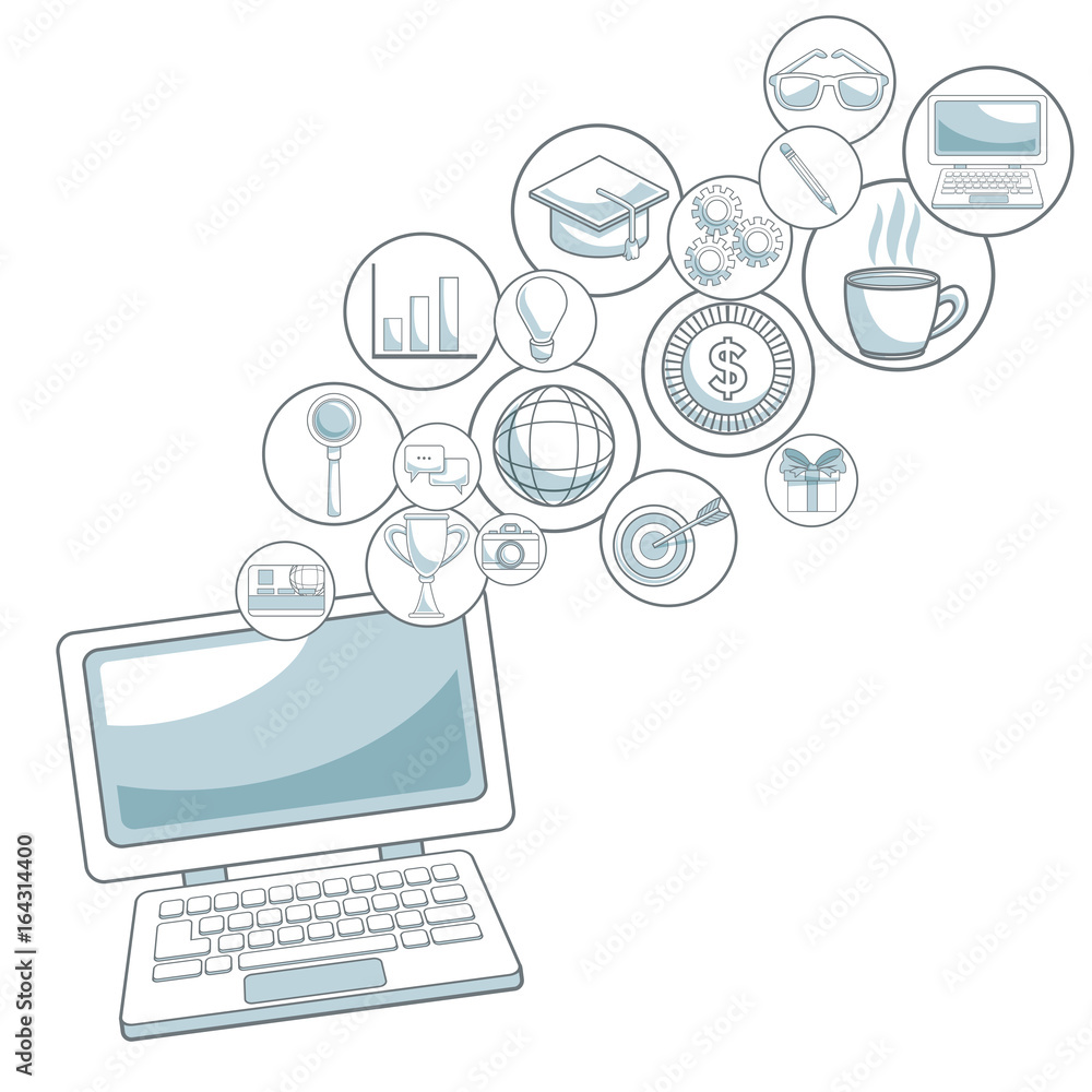 white background with color sections of laptop device with bubbles icons digital marketing white background with color sections of laptop device with bubbles icons digital marketing