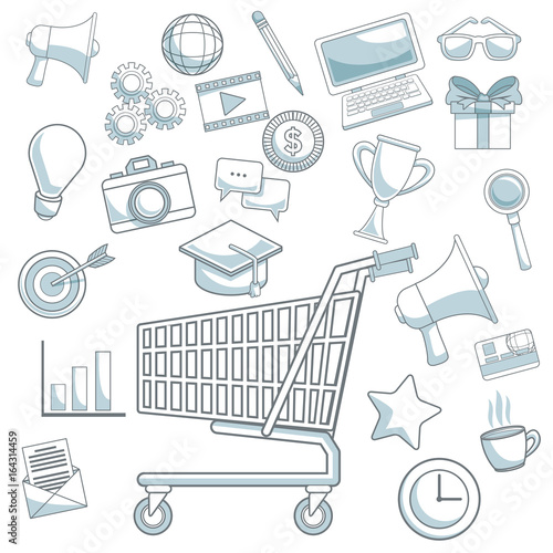 white background color sections digital marketing icons with shopping cart