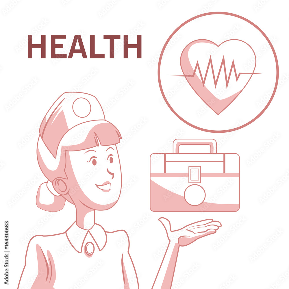 white background with red color sections of silhouette nurse with first kit aid and icon heartbeat white background with red color sections of silhouette nurse with first kit aid and icon heartbeat