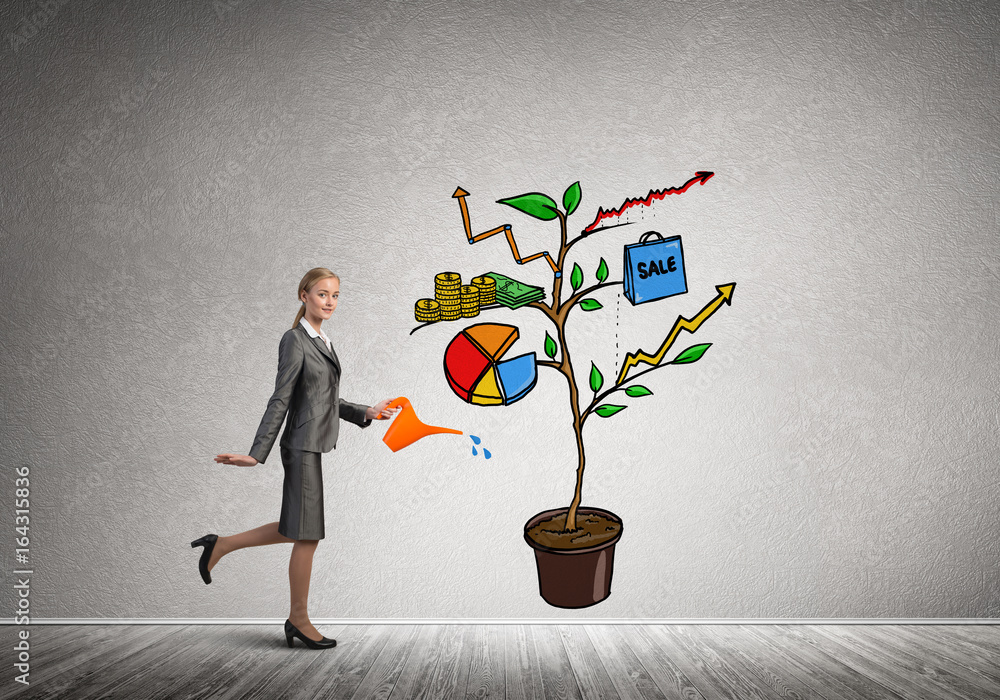 Young businesswoman in empty room watering drawn growth concept with can